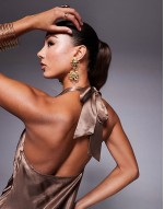 satin cowl neck plunge halter maxi in chocolate