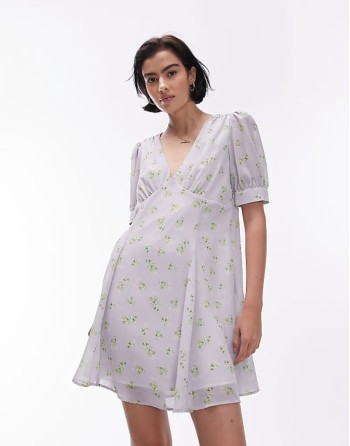 scoop neck vintage floral mini tea dress in washed blue floral