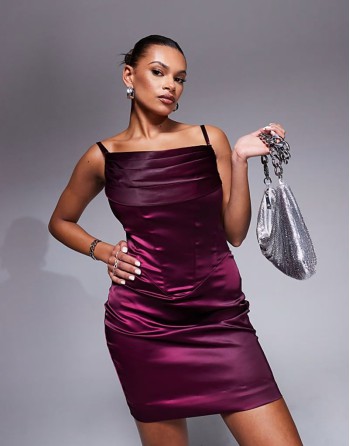 fuller bust Lola satin mini boned corset dress in aubergine