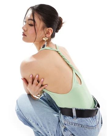 second skin twist back v neck bodysuit in apple green