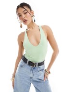 second skin twist back v neck bodysuit in apple green