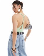 second skin twist back v neck bodysuit in apple green